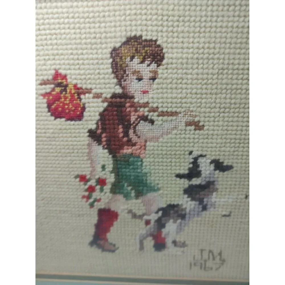 Boy Play with Dog Girl Walk with Umbrella Wall Hanging Frame Needlepoint Set 2